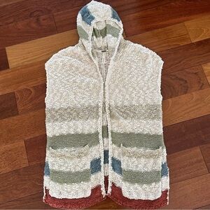 FREE PEOPLE Hooded Sleeveless Cardigan Duster XS Cream Oatmeal Blue Khaki